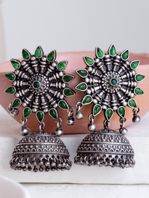 

Infuzze Silver-Toned & Green Contemporary Jhumkas Earrings