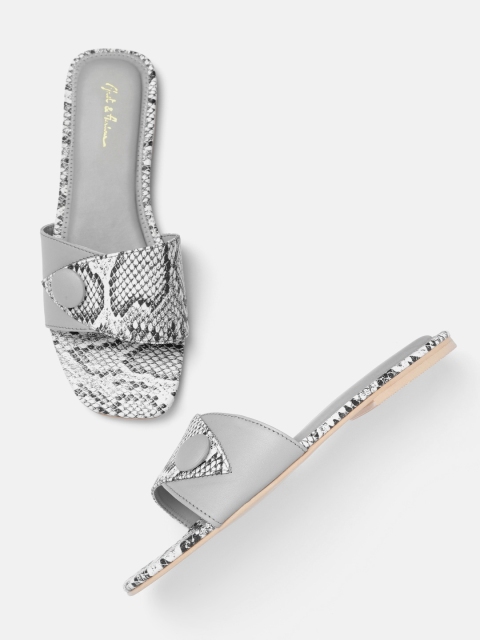 

Mast & Harbour Women White & Grey Snakeskin Textured Open Toe Flats