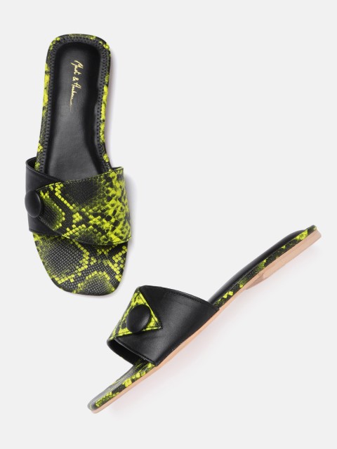 

Mast & Harbour Women Green & Black Animal Print Open Toe Flats