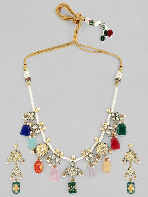 

Rubans White & Gold-Toned Stone Studded & Beaded Handcrafted Jewellery Set