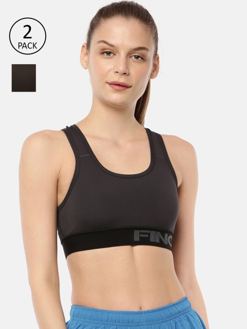 

FINO Pack of 2 Grey & Black Solid Side Shaper Workout Bras - Non Wired