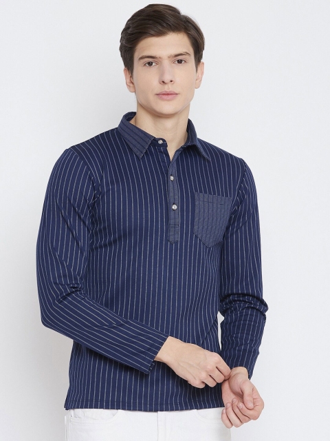 

armure Men Blue & White Striped Polo Collar Indigo Pockets T-shirt