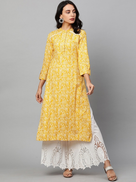 

FASHOR Women Mustard Yellow & Yellow Paisley Printed Kurta