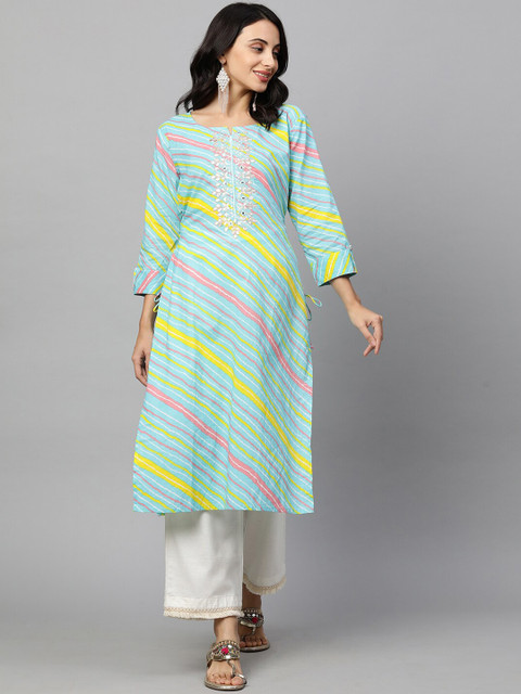 

FASHOR Women Sea Green & Pink Striped Pure Cotton Kurta
