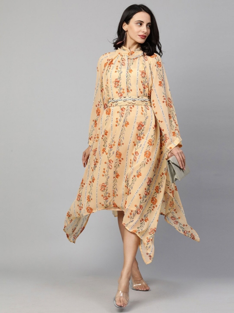 

FASHOR Peach-Coloured Ethnic Motifs Asymmetric A-Line Midi Dress