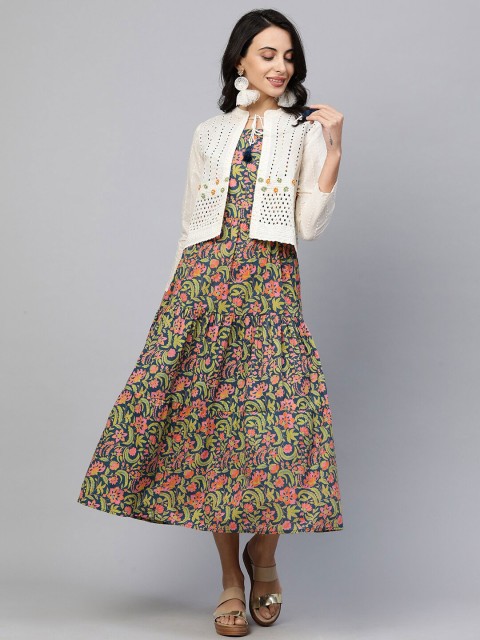 

FASHOR Multicoloured Floral A-Line Midi Dress with Schiffli Jacket, Multi