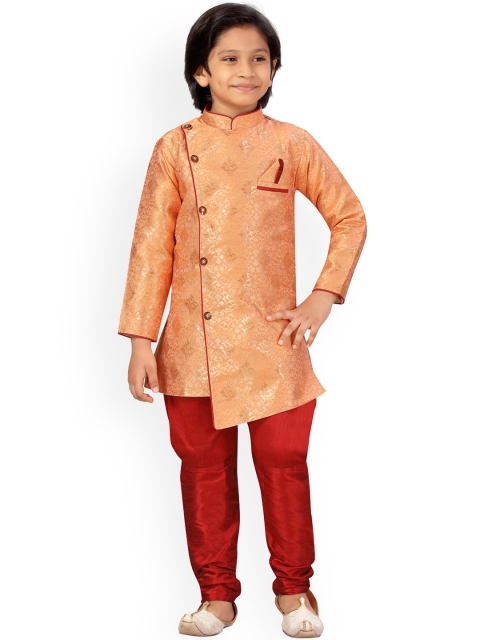 

LITTLE MAFIA BY Aarika Boys Peach-Coloured Pleated Pure Silk Kurta with Trousers