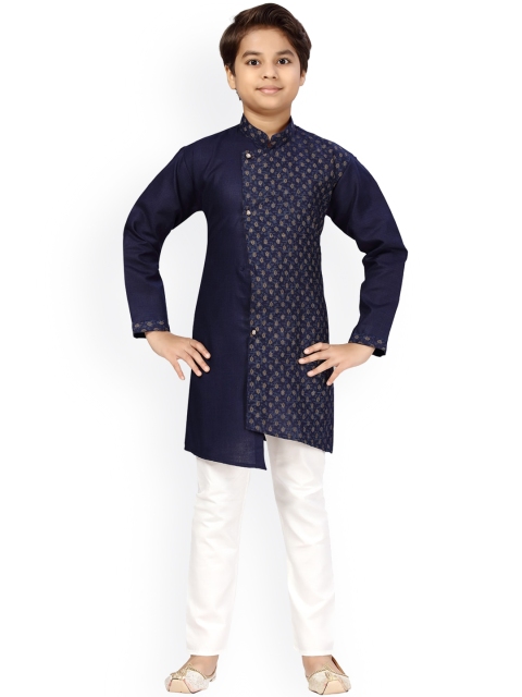 

LITTLE MAFIA BY Aarika Boys Navy Blue Angrakha Pure Cotton Kurta with Pyjamas