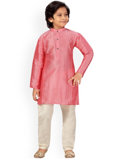 

LITTLE MAFIA BY Aarika Boys Pink Solid Regular Pure Silk Kurta with Trousers