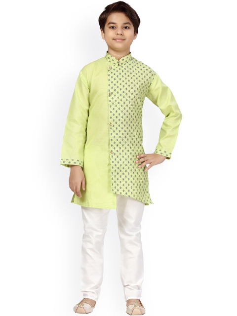 

LITTLE MAFIA BY Aarika Boys Lime Green Angrakha Pure Cotton Kurta with Pyjamas
