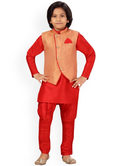 

LITTLE MAFIA BY Aarika Boys Red Regular Pure Silk Kurta with Salwar & Nehru Jacket