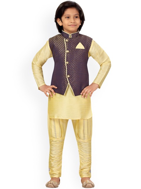 

LITTLE MAFIA BY Aarika Boys Beige Regular Pure Silk Kurta with Pyjamas With Nehru jacket