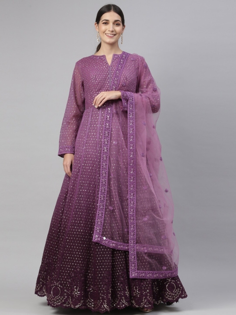 

Neerus Purple Floral Embroidered Net Ethnic Maxi Dress With Dupatta