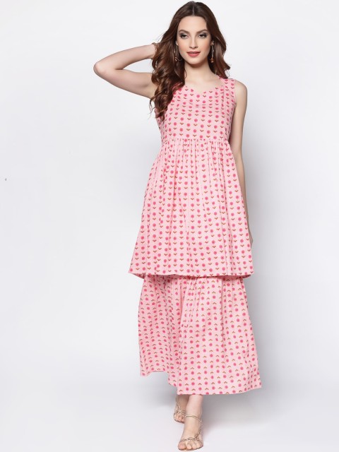 

Sera Women Pink Floral Printed Regular Pure Cotton Kurta with Sharara