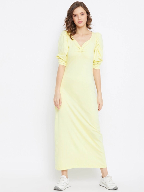 

THE SILHOUETTE STORE Yellow Puff Sleeves Pure Cotton Maxi Dress