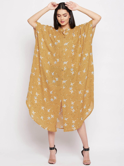 

THE SILHOUETTE STORE Mustard Yellow Floral Georgette Shirt Midi Dress