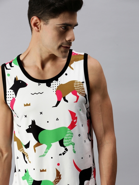 

mezmoda Men White & Green Printed Dry-Fit T-shirt