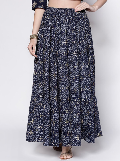 

Sera Women Navy Blue & White Printed Pure Cotton Tiered Maxi-Skirt