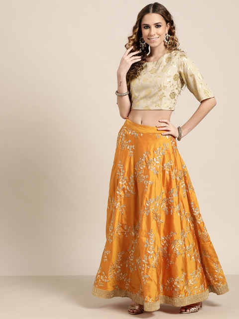 

Juniper Mustard Yellow & Gold-Toned Taffeta Silk Sequinned Ready to Wear Lehenga