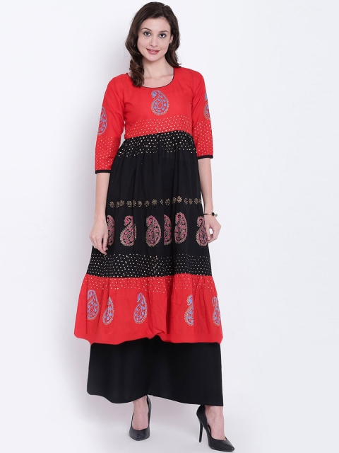 

Varkha Fashion Women Black & Red Paisley Block Printed Anarkali Kurta
