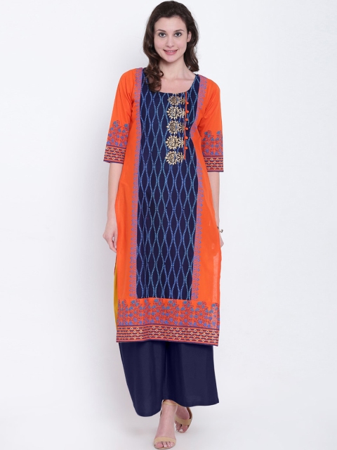 

Varkha Fashion Women Orange & Blue Geometric Printed Block Print Kurta