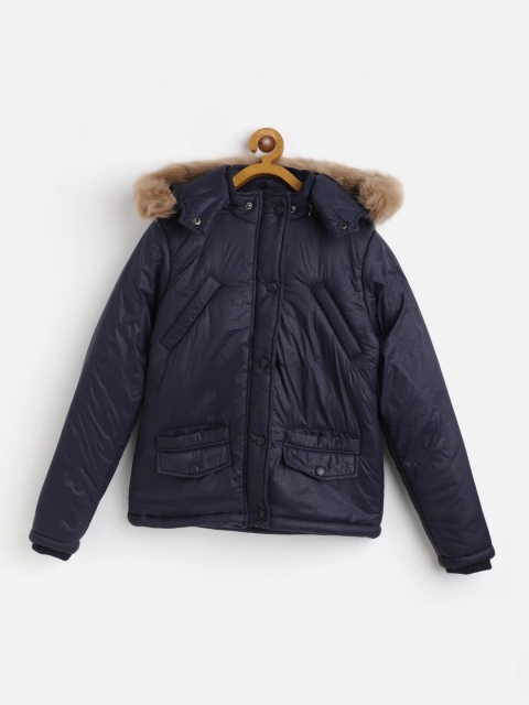 

GOJI Girls Navy Blue Lightweight Faux Fur Trim Hooded Parka Jacket