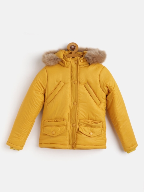 

GOJI Girls Mustard Yellow Faux Fur Trim Hooded Parka Jacket