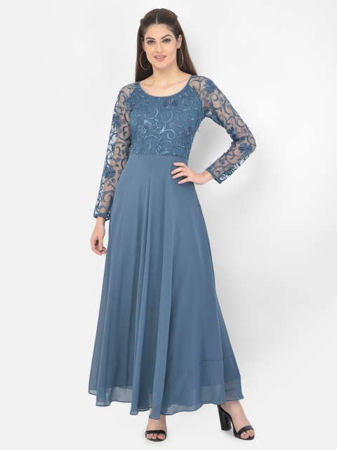 

Eavan Women Blue Ethnic Motifs Embroidered Georgette Maxi Dress