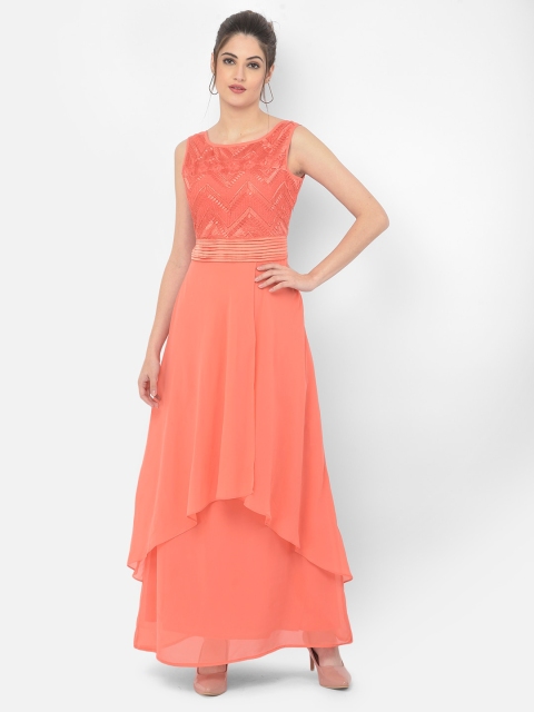 

Eavan Women Coral Ethnic Motifs Embroidered Layered Georgette Maxi Dress