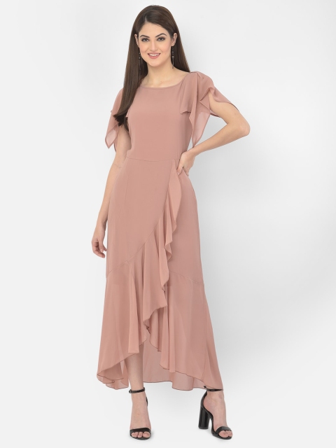 

Eavan Rose Pink Gold Georgette Asymmetric Ruffled Maxi Dress