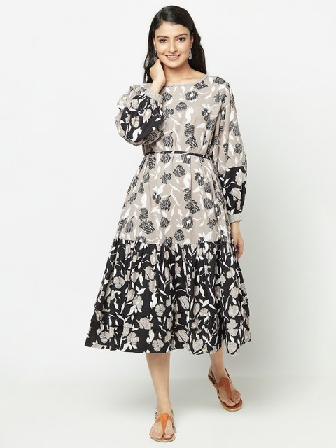 

Fabindia Grey & Black Floral Cotton Linen Midi Dress