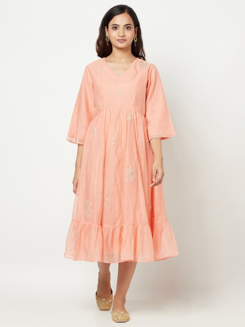 

Fabindia Peach-Coloured Floral Embroidered Midi Dress