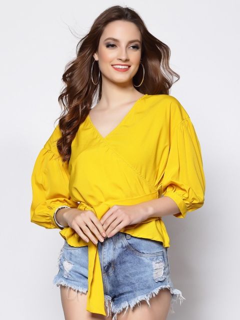 

Sera Yellow Puff Sleeves Crepe Wrap Top with Tie Up