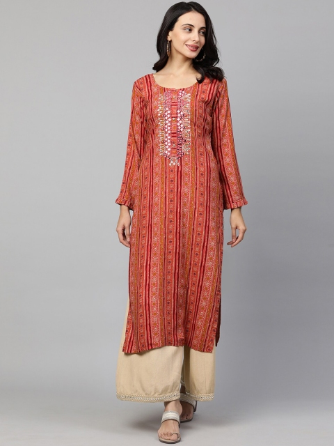 

FASHOR Women Peach-Coloured & Maroon Mirror Work Screen Printed Flared Sleeves Kurta