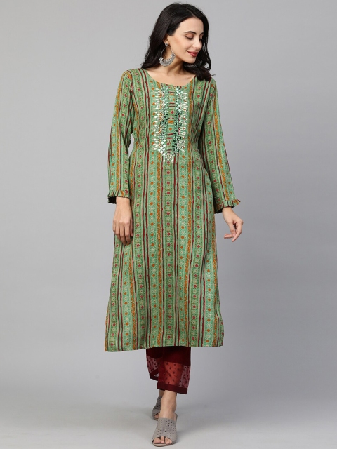 

FASHOR Women Green & Yellow Screen Printed & Mirror Work Stright Kurta