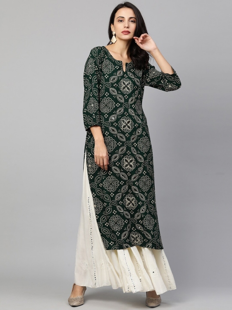 

FASHOR Women Green & White Bandhani Printed Mirror Work Straight Kurta