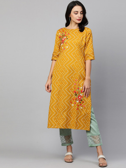 

FASHOR Women Mustard Yellow & White Bandhani Printed & Embroidered Straight Kurta