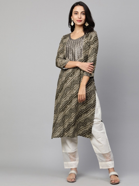 

FASHOR Women Olive Green & White Bandhani Printed Mirror Work Kurta