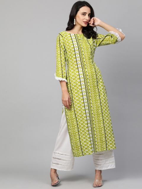 

FASHOR Women Green & White Ethnic Motifs Printed Cotton Straight Kurta