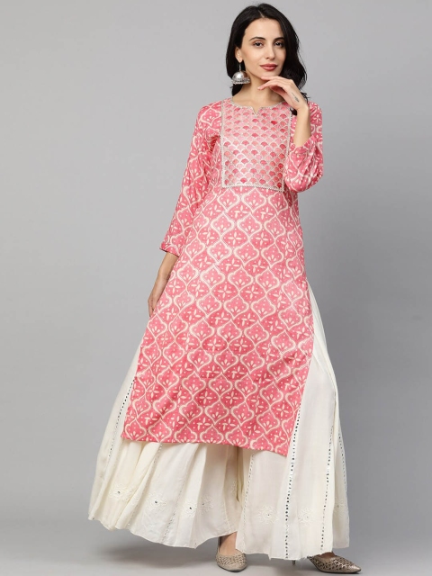 

FASHOR Women Pink & Off White Ethnic Motifs Printed Sequinned Straight Kurta