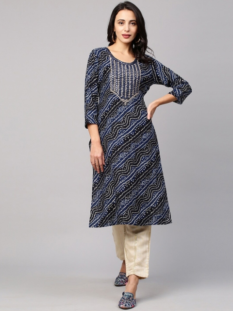 

FASHOR Women Blue & Black Bandhani Printed Gotta Patti Straight Kurta