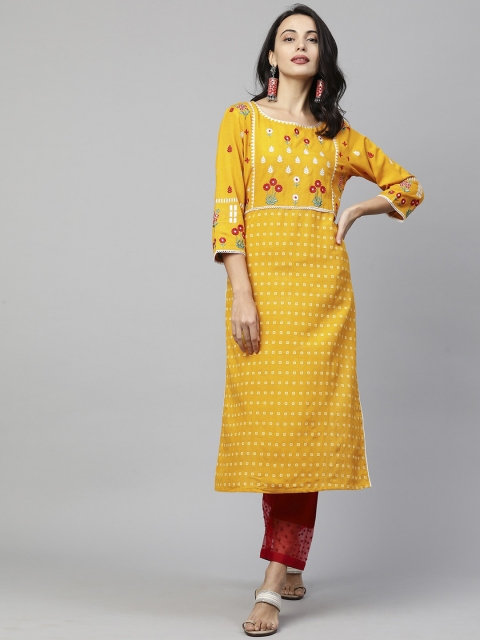 

FASHOR Women Mustard Yellow Bandhani Printed Thread Work Straight Kurta