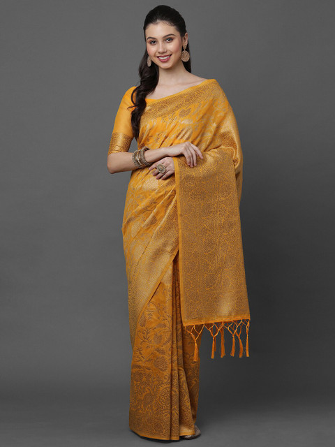 

Mitera Yellow & Gold-Toned Ethnic Motifs Zari Banarasi Saree