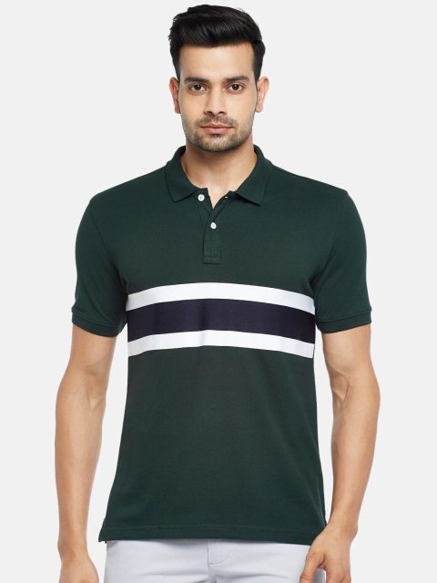 

BYFORD by Pantaloons Men Olive Green & White Striped Polo Slim Fit Pure Cotton T-shirt