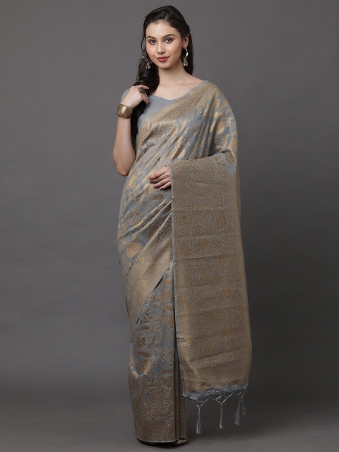 

Mitera Grey & Gold-Toned Floral Zari Banarasi Saree