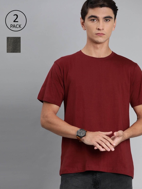 

BE AWARA Men Pack Of 2 Pure Cotton T-shirts, Maroon
