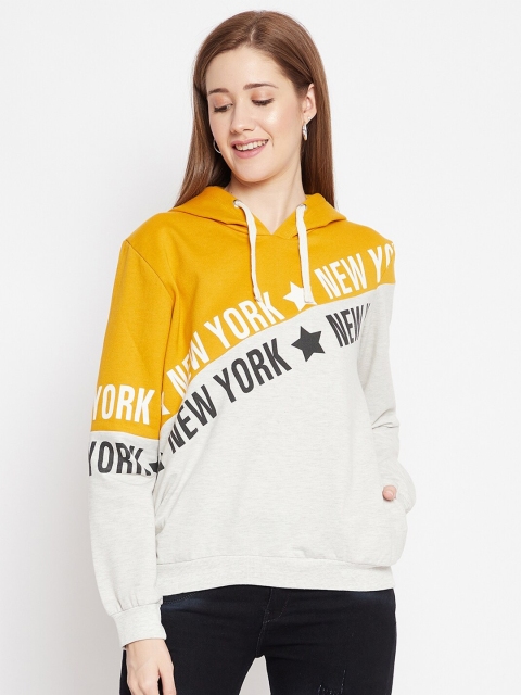 

Austin wood Women Yellow & White Colourblocked Cotton Hooded Sweatshirt
