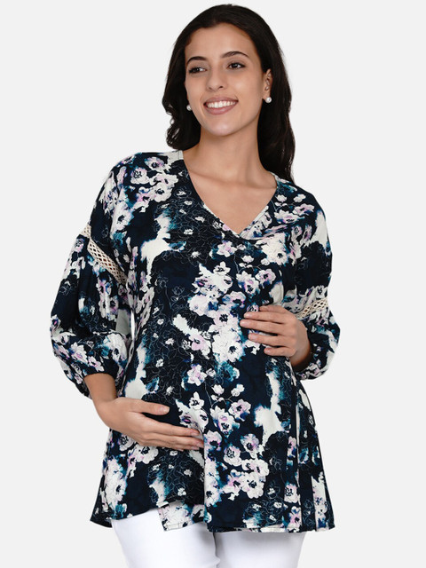 

The Kaftan Company Navy Blue & White Floral Maternity and Nursing Wrap Top