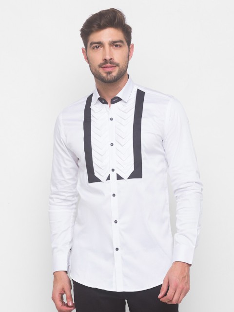 

mode de base Men White & Black Snug Slim Fit Opaque Cotton Tuxedo Party Shirt