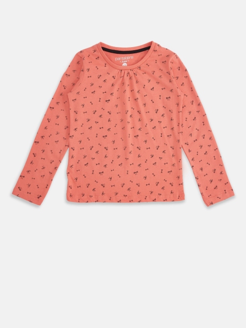 

Pantaloons Junior Girls Peach-Coloured Printed Henley Neck T-shirt